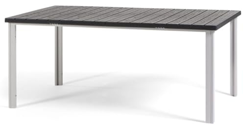 SIEDITI FUORI E DENTRO Tavolo rettangolare da esterno 180x90 cm, tavolo da giardino in acciaio verniciato e doghe in polietilene effetto legno (Bianco/Ardesia)