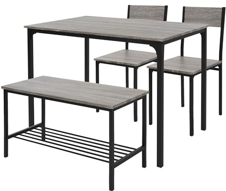ML-Design Set Tavolo da Pranzo 4 Pezzi Rovere Grigio Tavolo con 2 Sedie 1 Panca Gruppo da Pranzo per 4 Persone Gruppo di Sedute Tavolo da Cucina Struttura in Metallo Set Tavolo da Bar Set 4 Pezzi