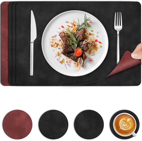 Placemats and Coasters, Leather Dual Sided Place Mats for Table, Wipeable Washable Table Mats Set of 4, Heat Resistant Non Slip Indoor Outdoor Placemats for Garden, Kitchen, Restaurant (Black Red)