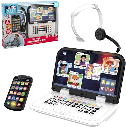 Infini Fun My First Home Office Set - Imaginative Play Imitation Game for Kids, Ultra-Realistic Work Set Up Toy, Pretend Kids Play Set - Laptop, Phone & Headphones - Be Like Mum & Dad, Age 18 Months +