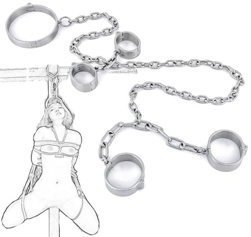 AYHYA SM Metall Bondage System mit Handschellen Halsband und Fußfesseln inklusive Kette und Schlüssel ideales Fetischspielzeug für Frauen und Männer, Men