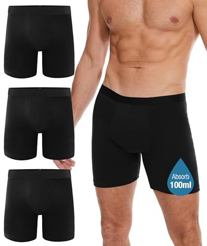 YESWEL Incontinence Underwear Long Leg For Men, 100ML Absorbent Cotton Washable Leak-Proof Reusable Boxer Brief 3 Pack (US, Alpha, X-Large, Regular, Regular, Black)