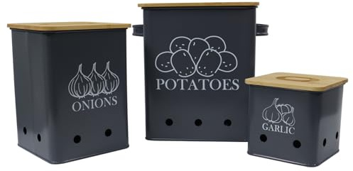 ZoeQide Caja Para Guardar Patatas, Juego de 3 Botes Cocina Almacenaje, Para Patatas, Cebollas, Ajos,Organizador Cocina con Tapa y Orificios de Ventilación, Mantiene Las Verduras Frescas, Negro