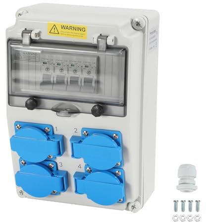 Sonnewelt Distributore da parete con interruttore di protezione del tubo, distributore di corrente di costruzione con 4 prese Schuko e presa CEE 16 A, distributore di corrente per interni ed esterni