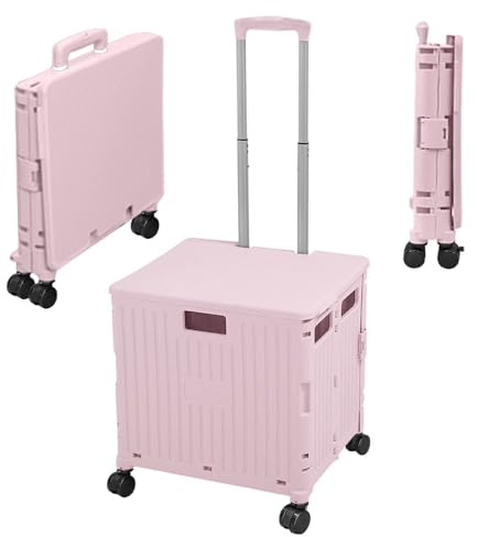 Berry 50 L hopfällbar shoppingvagn, 40 kg plastvagn med avtagbara 4 hjul och lock, vagn med teleskophandtag, mångsidig verktygsvagn för shopping, lärare (rosa, 50 L)