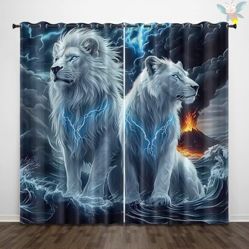 ZZTBQ Löwe Vorhang Verdunkelung Blickdicht Gardinen Weiß Löwe2er Set H 215 x B 110 cm Wohnzimmer Lärmschutz Thermogardine mit Ösen Blitz Wellen Vulkan Muster Dicke Thermogardine