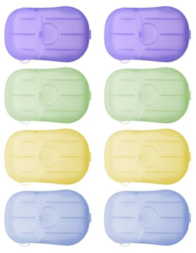 SIRLOMU Boîte de savon en papier jetable, 8 pièces, Mini savon portable avec boîte en plastique, savonnette de voyage, Idéal pour le camping et les voyages, Feuilles pour les mains, Feuille nomade