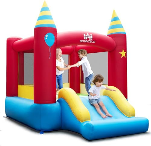 FANTASK Hüpfburg mit Rutsche für Kinder, Spielburg mit Netzwand, Aufblasbares Schloss, 260 x 190 x 205 cm