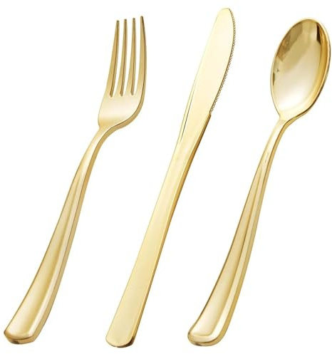 30 PCS Gold Kunststoff-Besteck-Set,Plastikbesteck,Plastic Besteck strapazierfähige Utensilien für Party&Hochzeit,Mehrweg-Besteckset Plastik Party Besteck,10 Gabeln,10 Löffel,10 Messer (Golden)