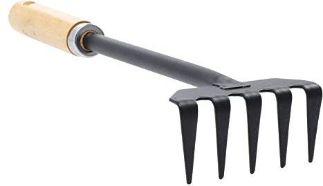ibasenice Mini Râteau de Jardin Robuste pour Jardinage Manuel, Outil à Main à 5 Dents en Fer Manche Bois, Ameublissement du Sol et Désherbage, Ergonomique pour Jardinage Extérieur