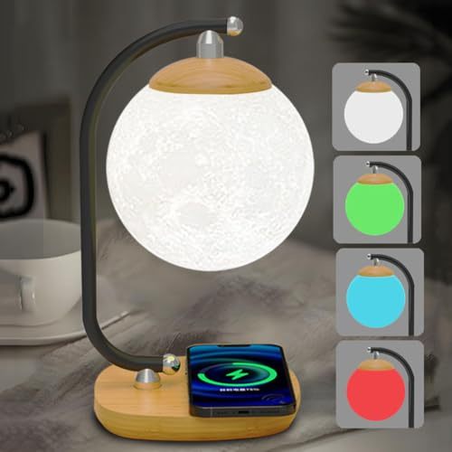 AoLa Lámpara de mesa LED 3D con forma de luna y función de carga Lámpara de noche táctil para interiores 4 colores Bola moderna con cargador inalámbrico y carga USB Lámpara de mesa Decoración de mesa
