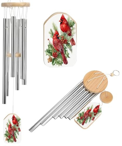 Scacciapensieri commemorativi con due uccelli rossi sui rami di agrifoglio, con 6 tubi in alluminio, decorazione da giardino