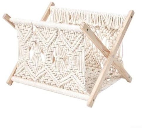 Hand Woven Magazine Rack Storage Holder with Wood and Cotton Rope for Books, Newspapers, and Tablets in Living Room or Bedroom