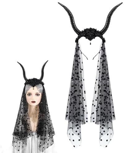 Générique Haarband mit Ziegenhörnern für Halloween – Diadem mit Schleier, Kostümzubehör, Kopfstück für Cosplay, Themenabende, Partyshows, Karneval und