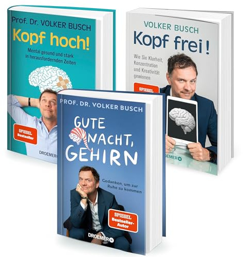 Prof. Dr. Volker Busch Bücher-Set (3 Bestseller) – Gute Nacht Gehirn, Kopf frei! & Kopf hoch! – Sachbuch Mental Health, Konzentration & positive Psychologie inkl. exklusivem Selfcare Lesezeichen