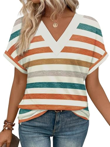 Cuptacc Camisetas Manga Corta Mujer Cuello en V Tops Mujer Verano Básicas Suelto Tshirt Elegantes Blusas Rayas Naranjas Verdes, XXX-Large XXXL