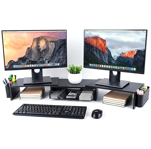 Kottwca Dual Monitorständer, Metall Monitor Stand mit Schublade und 2 Stifthaltern, Verstellbare Länge und Neigung, Monitor Erhöhung für Laptop, Computer, PC, Beamer, Drucker (Schwarz)