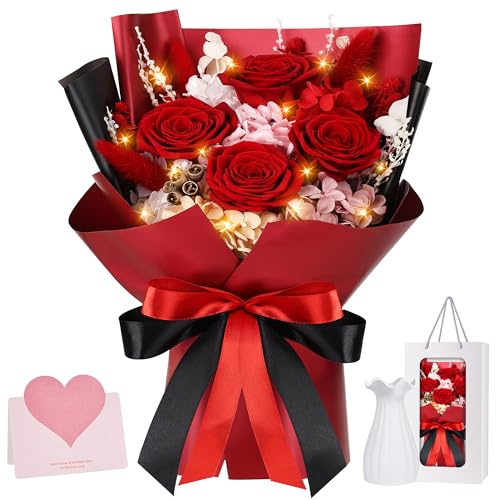 4 Roses Bouquet with Vase, Preserved Real Rose, Long-Lasting Eteranl Rose Bouquet Gift for Women Girlfriend Wife on Valentine's Day Birthday Anniversary Mother's Day Christmas Red