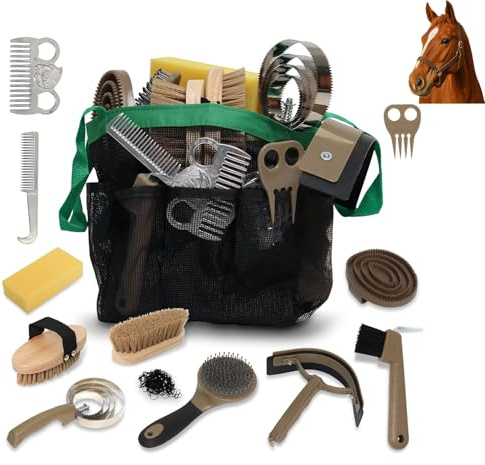 Pferdepflegeset 14-Teilig, Pferdebürsten-Set für die Pflege und das Baden | Mit Mähnen- und Schweifkamm, Currybürste, Hufkratzer, Handschuhen und Mesh-Tasche für die Pferdepflege