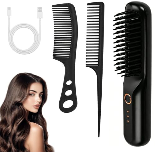 Cepillo Alisador Pelo, Set Thermal Brush con 2 Cepillos y Bolsa, Plancha Pelo Inalambrica Viaje, Cepillo Alisador Portatil, Calentamiento Rápido, 3 Niveles Temperatura 160/180/200°C, 3D Antiquemaduras