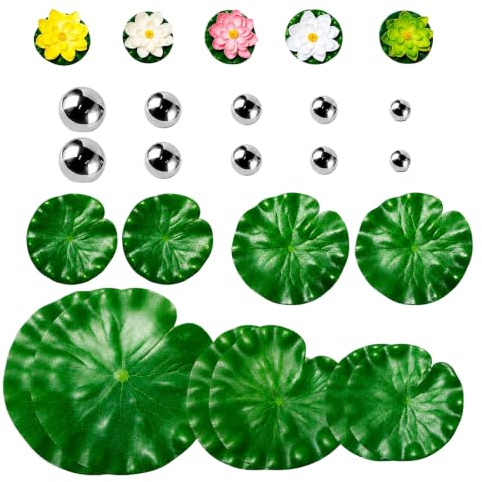 GETRICH 25PCS Miniteich Deko Set, Schwimmkugeln Teich 19/25/32/38/42mm | 10 Schwimmkugeln für Miniteich Silber mit 10 Lotusblätter & 5 Seerosen Künstlich für Gartenteich Wasserschalen Springbrunnen