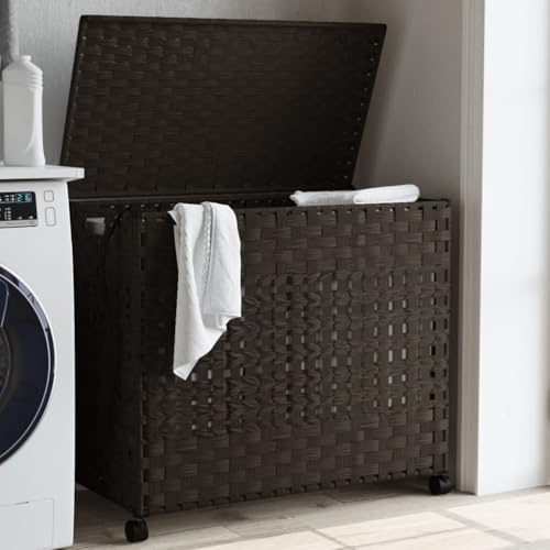 Kaloriko Wäschekorb mit Rollen Dunkelbraun aus Rattan 66x35x60 cm mit Deckel und 3 Fächern faltbar mit Griff und Trennung für Badezimmer Schlafzimmer Waschküche platzsparend