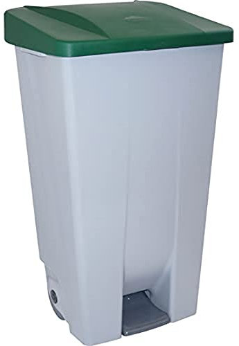 Contenedor de Reciclaje con Pedal 120L Gris con Tapa Verde – Cubo de Basura Selectivo con Ruedas y Asa Ergonómica, Plástico Resistente y Fácil Limpieza | Denox