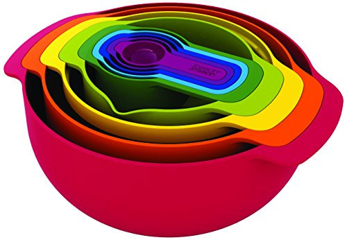 Joseph Joseph Nest 9 Plus - Juego de 9 piezas apilables, cuencos para mezclar, con bol grande y pequeño, colador y 5 tazas medidoras, Rojo