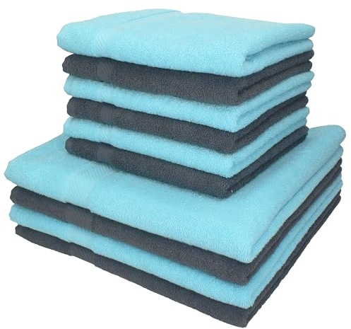 Betz Palermo Handtuch Set 10-teilig – 4 Duschtücher 70×140 cm & 6 Handtücher 50×100 cm, 100% Baumwolle 360 g/m², weich & saugstark, Oeko-TEX® Farbe anthrazit und türkis