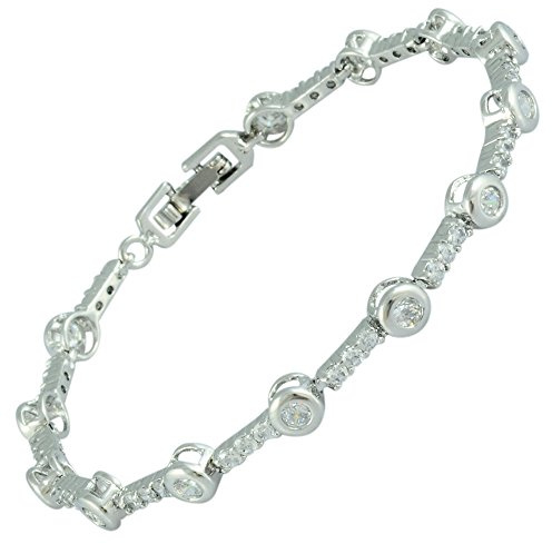 RIZILIA Tennis Armband [18cm/7inch] mit Rundschliff Edelstein Zirkonia CZ [Mehrfarbige Geburtsstein Erhältlich] in 18K Weißgold Vergoldet, Einfache Moderne Eleganz