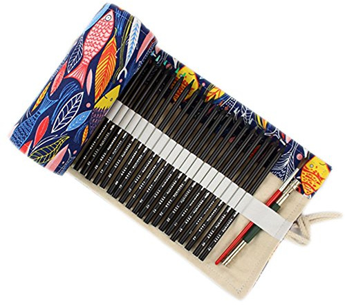 ONEGenug 48 Löcher Leinwand Farbstifte Tasche Feder-Mäppchen, Roll-up Bleistift Tasche, Bunt-Stifte für Malen, Schreiben, Ausmalen