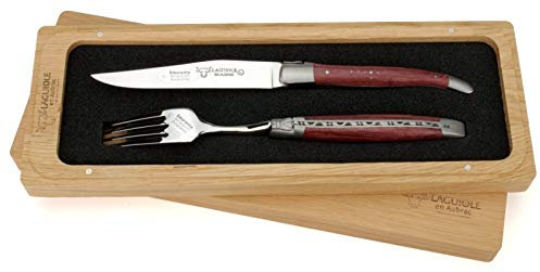 Laguiole en Aubrac - 1 Steakmesser und 1 Gabel im Besteck-Set - Griff Amaranth Holz - Original Frankreich mit Zertifikat
