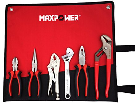 MAXPOWER 6 Pieces Wrench and Pliers Set, Come with Kitbag, Included 8 Long Nose and Lineman's Plier, 8 Adjustable Wrench, 6 Diagonal Cutter, 7 Locking Pliers, 10 Groove Joint Plier