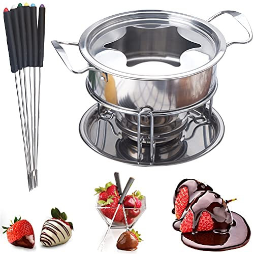 BESTonZON Set di pentole per fonduta in Acciaio Inossidabile, Set per fonduta di Cioccolato, Set di pentole per sciogliere Il Cioccolato, 6 forchette con codice Colore e Set per fonduta di Formaggio
