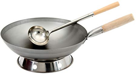 AAF Nommel ®, Wok Set, Pfanne 38 cm Ø runder Boden Carbon Stahl für Gasherd und Induktion Mulde + Wok Kelle Edelstahl 44 cm lang mit Holzgriff + Wok Ring