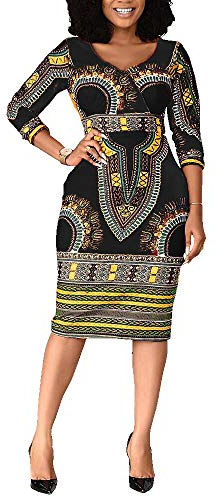 VERWIN Halva vaden V-ringad trekvarts ärm tryck kvinnor bodycon-klänning afrikansk midi-klänning, Svart, XXL