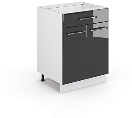 Vicco Küchenunterschrank Fame-Line, Anthrazit Hochglanz, 60 cm | MDF-Front · Ohne Arbeitsplatte · Höhenverstellbare Füße · Metallgriffe · Soft-Close