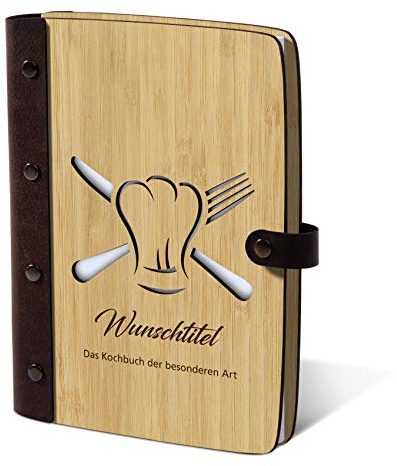 Kartenmachen.de Rezeptbuch Notizbuch Bambus Gravur individuell Holzcover mit Echtleder Rücken 72 Blatt | 144 Innenseiten Ringmechanik DIN A5 - Kochbuch
