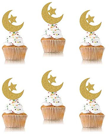 SWHATYW 48 st glitter måne och stjärna Eid Mubarak cupcake topper Ramadan Kareem festdekorationer islamisk muslimsk festtillbehör