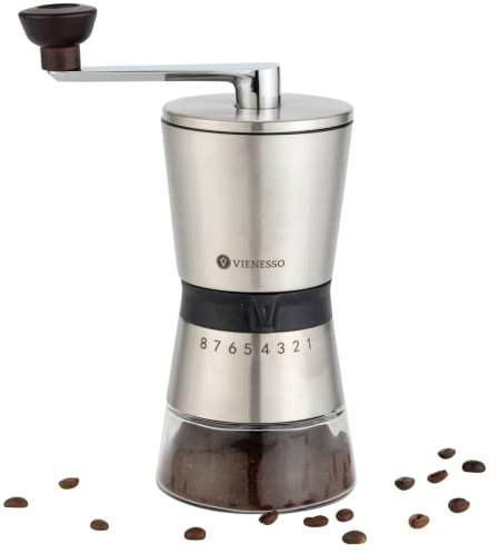 VIENESSO Kaffeemühle Manuell/Hand mit Keramikmahlwerk | manuelle Kaffee- und Espressomühle mit 8 Mahlstufen | Hand Kaffeemühle aus Edelstahl und Glasbehälter