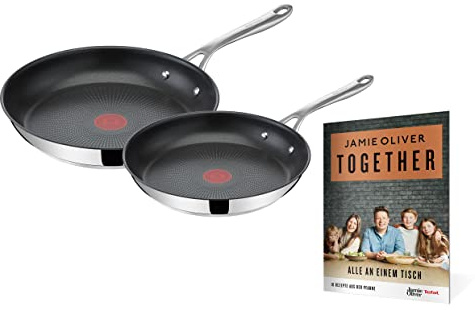 Tefal E304S2.TOG Jamie Oliver Cook's Direct On 2-Piece Frying Pan Set + Together Booklet with 10 Recipes, 24/28 cm, Suitable for Induction Cookers, Dishwasher Safe, Thermal Signal, Stainless Steel