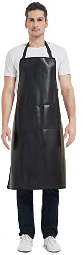 FunChaos Impermeabile Nero Grembiule, Grembiule da Lavoro Resistente, Pelle Artificiale Grembiule per Chef, Macellaio, Barbiere, Lavaggio dei Piatti, Pulizia, Toelettatura del Cane (Taglie Forti)