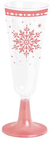4 pezzi - Coppa Cava 150 cc a tema natalizio con motivo fiocco di neve e piede rosa. Coppa Cava Natale. Perfetto per celebrazioni ed eventi. Tazza in plastica riutilizzabile.