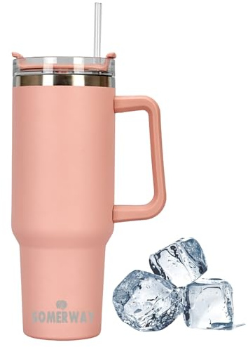 Somerway 1182ml Travel Mug 40oz Tumbler with Straw and Lid, Stainless Steel Double Wall Vacuum Insulated Coffee Mug for Hot and Cold Coffee, Travel Mug with Handle, Coffee Mug for On The Go Pink