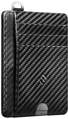 FINTIE Cartera Tarjetero de Crédito con Bolsillo Frontal - Tarjetero Minimalista con Bloque RFID Portatarjetas para Tarjetas de Crédito/Identificación con Cubierta Transparente, Ondulación Negro