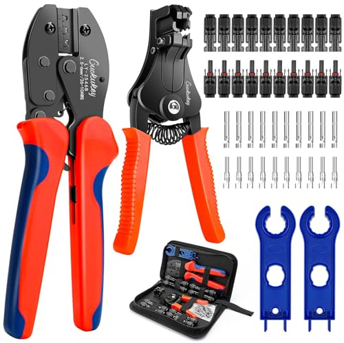 Solcrimptång set för 2,5/4/6 mm² solpanel PV-kabel, 1 x presstång 1 x kabelskalare 10 par solkabelkontakter + 10 par hane/hona solkontakter 2 x solkontakter skiftnyckel