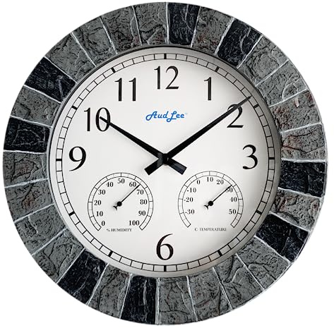 AudLee 35cm Indoor/Outdoor Faux Slate Wall Clock with Thermometer & Hygrometer – Waterproof, Battery Operated, Silent Sweep Movement – for Patio, Home, or Garden (Light Grey/Black Frame)