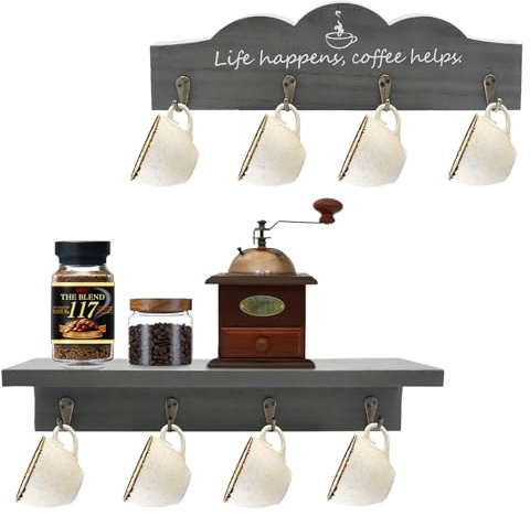 LYFJXX Kaffeetasse Halter Wandhalterung mit 8-Haken, 2-Pcs hölzerner Kaffeetasse Halter mit Kaffeezeichen, Teetasse Aufhänger für Bar Küche Organizer Display, Kaffeeecke Ecke Dekor (Grey-2pcs)