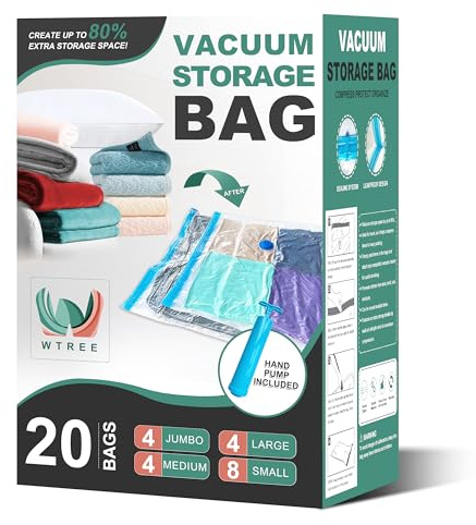 WTREE 20 Pack Vacuum Storage Bags, Space Saver Bags, Vacuum Sealed Bags for Comforters, Blankets, Clothes Storage, Hand Pump Included (4 Jumbo/4 Large/4 Medium/8 Small)