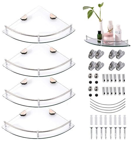 Yuehuamech Badezimmer Glas Ecke Regal 4 Pack Wand montiert Dusche Ecke Regal Lagerung Caddy Korb Badezimmer Dreieck Regale schwebenden Regal mit Edelstahl- Halterung